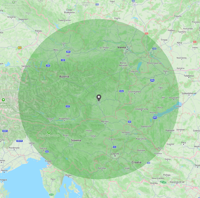 Party 0 location and 200 km threshold (party 1 inside)